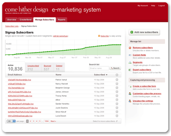 E-marketing system subscriber list