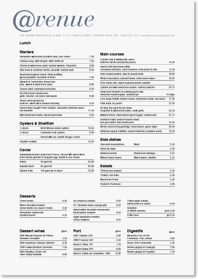 Avenue menu design