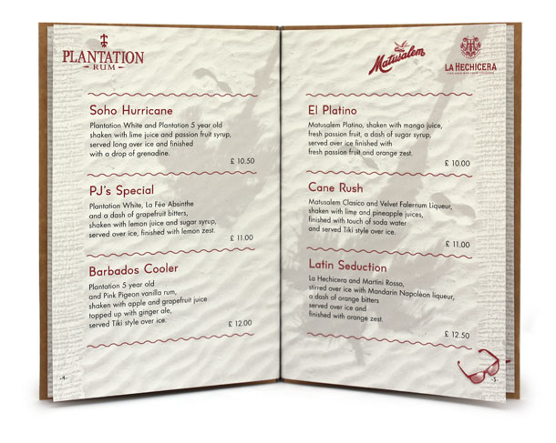 An example of the Rum Shack menu cocktail pages