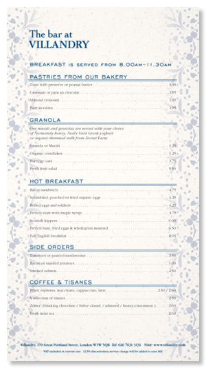 Villandry bar menu design