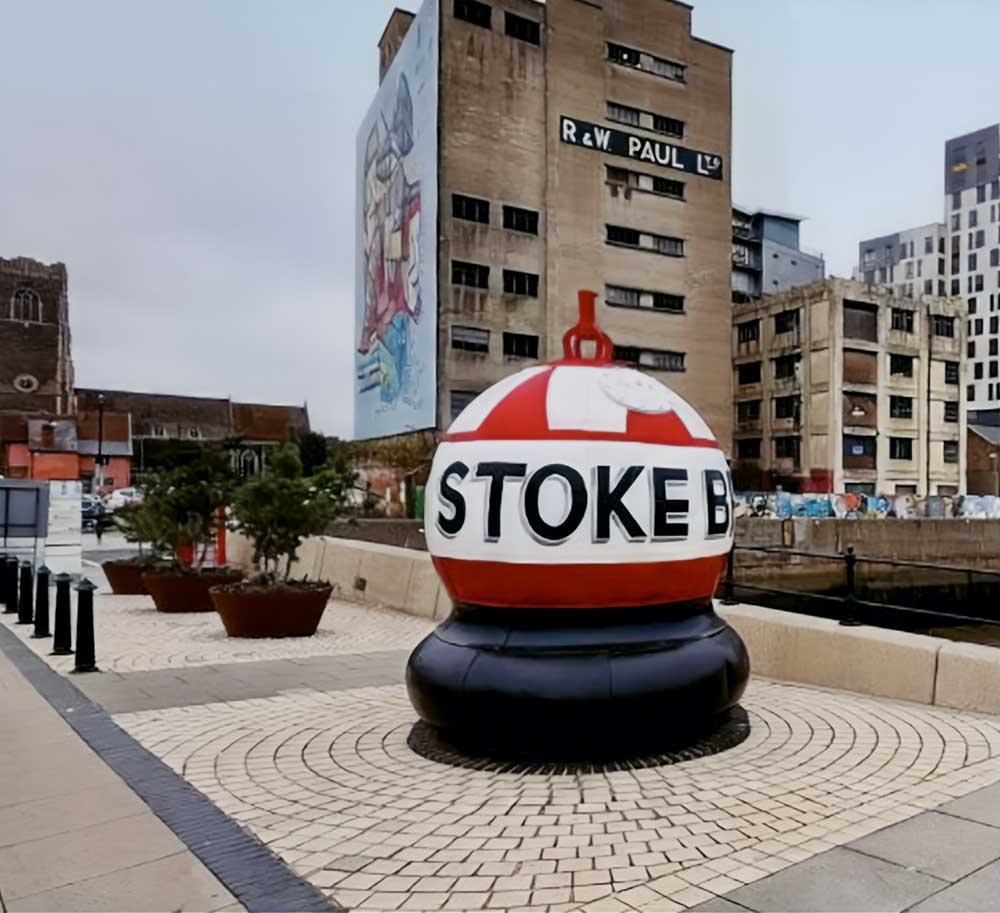 The newly painted buoy at Stoke Bridge Wharf, Ipswich